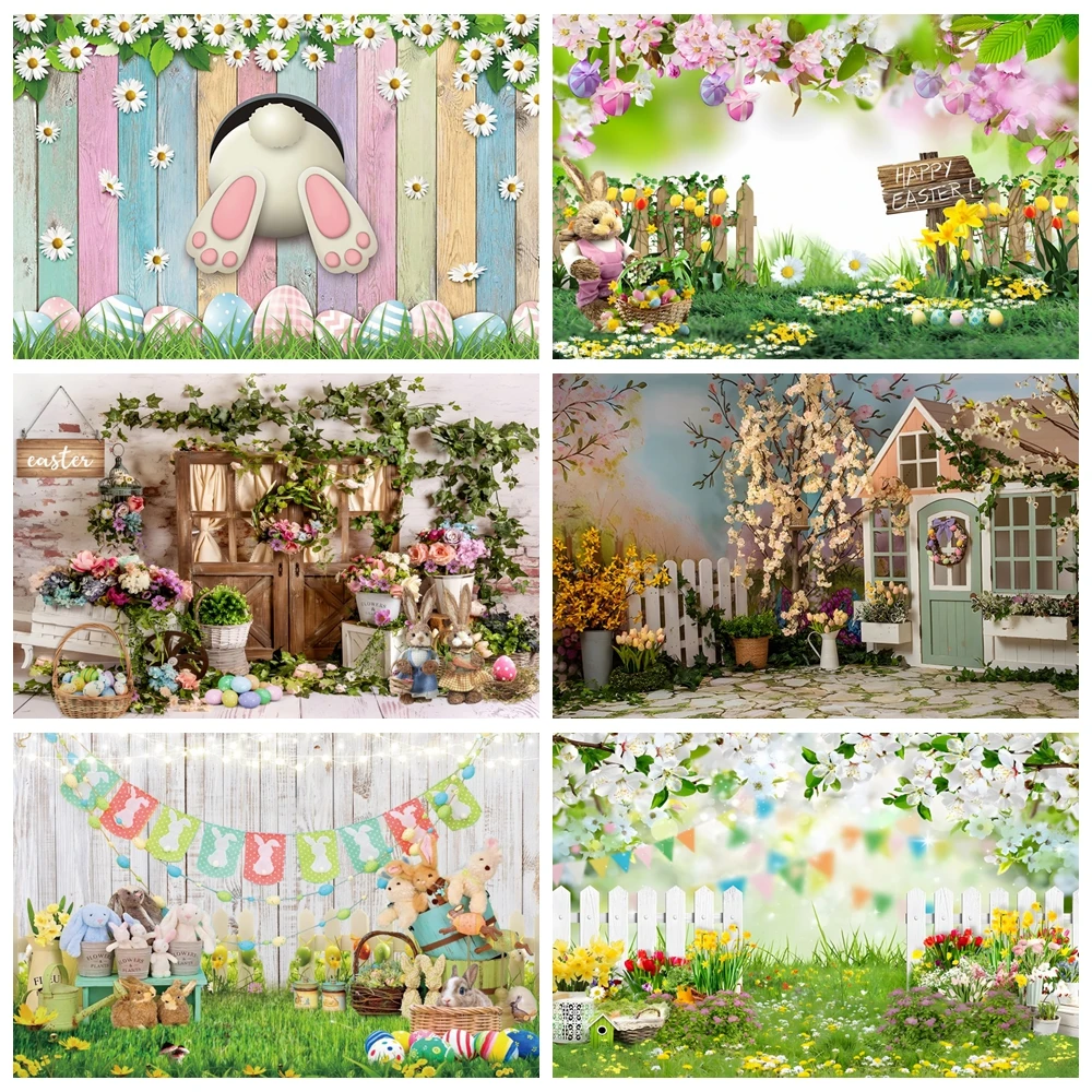 Laeacco Easter Photography Backgrounds Spring Easter Rabbit Flowers Eggs Green Grass Baby Cartoon Poster Photo Backdrops Props