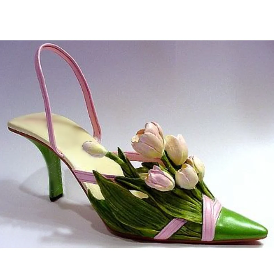 Flower Decor Back Strap Sandals Green Mixed Color Shoes for Women SlipStilettos High Heels Shoes Party 2023 Zapatos Para Mujere