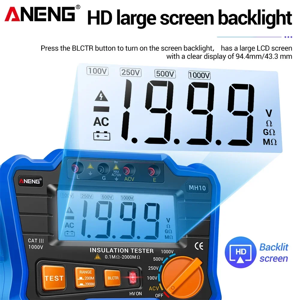 Imagem -05 - Blue Cor hd Resistência Medidores Ohmmeter Tester Teste de Resistência Isolamento Ohmer Medidor Medidores Ferramentas 0.1 mo a 2000 Mhz Aneng-mh10
