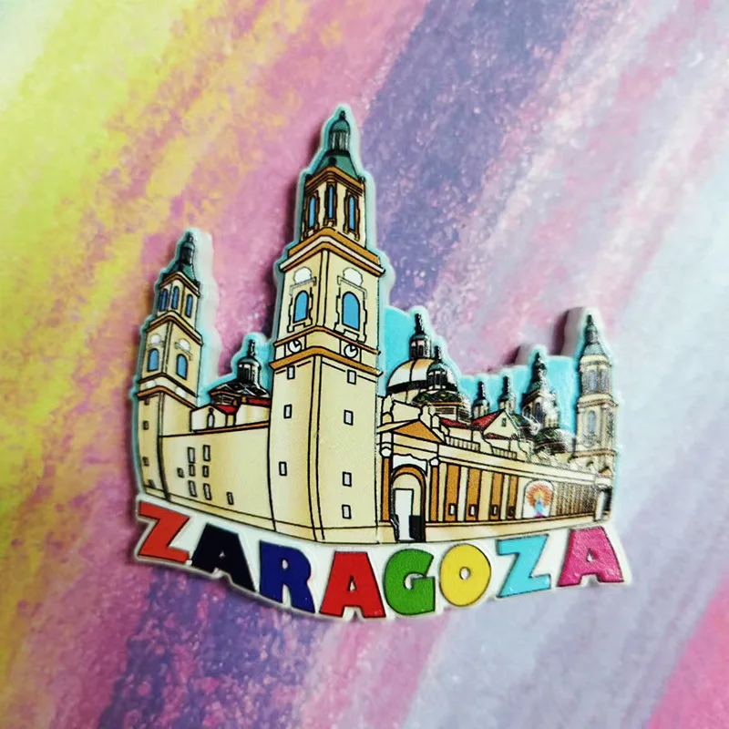Recuerdo de viaje de Zaragoza español, arquitectura creativa, decoración 3D, imanes de nevera pintados a mano, regalo