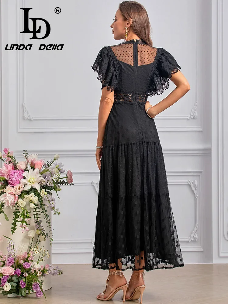 LD LINDA DELLA Fashion Designer Summer Dresses Women\'s Vintage Polka Dot Print Embroidery Lace Hollow Out Net Yarn Dresses