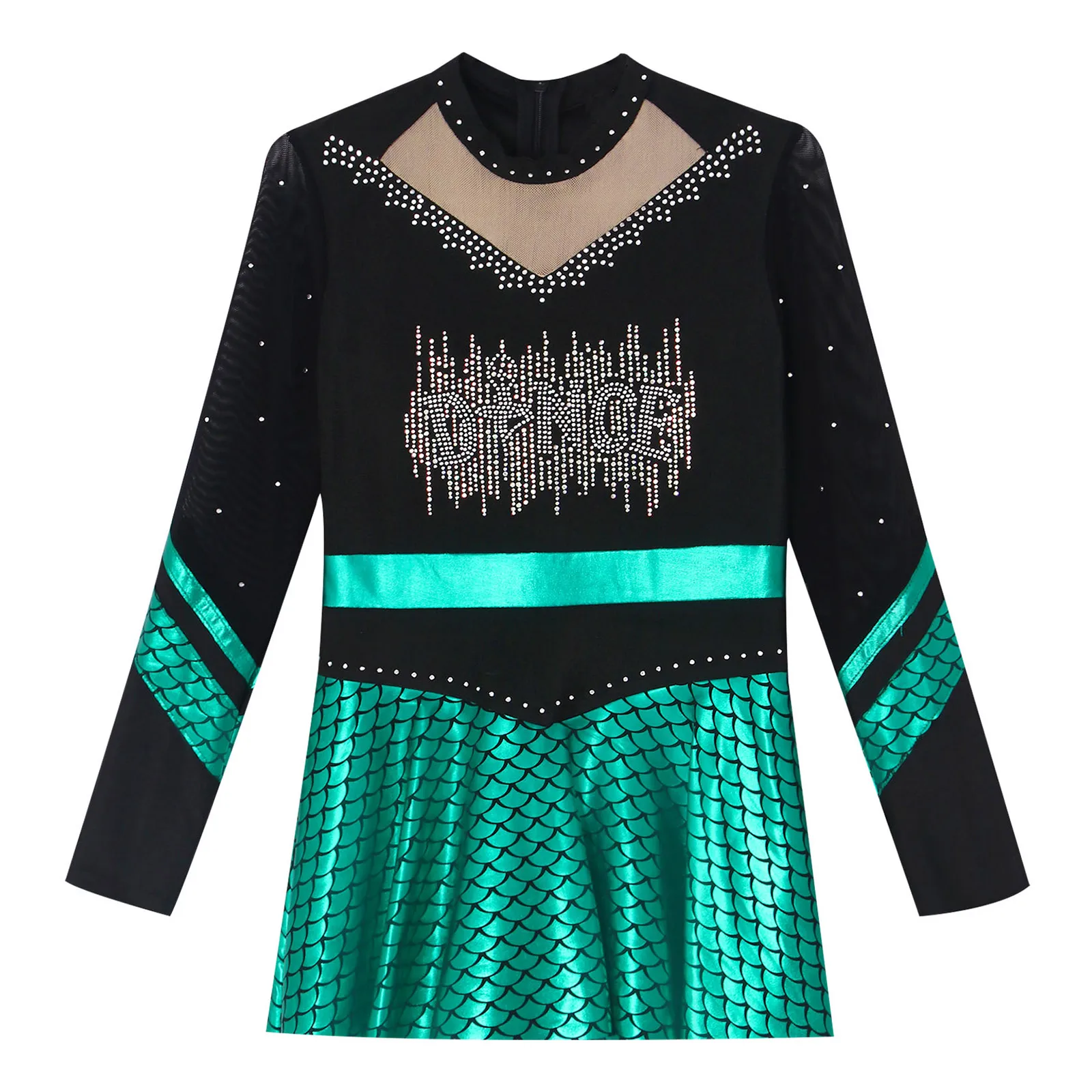 Kids Girls Ballet Gymnastics Dress Metallic Figure Skating Leotard Fish Scales Rhinestones Cheerleading Tutu Dress with Shorts