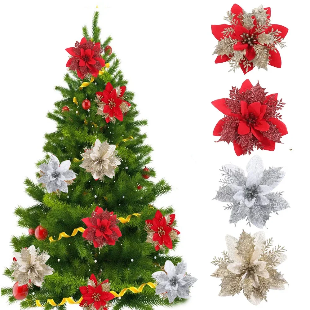 5Pcs 14cm Christmas Flowers Artificial Silk Flower Head with Clips for Xmas Tree Wreath DIY Decoration New Year Gifts Home Decor