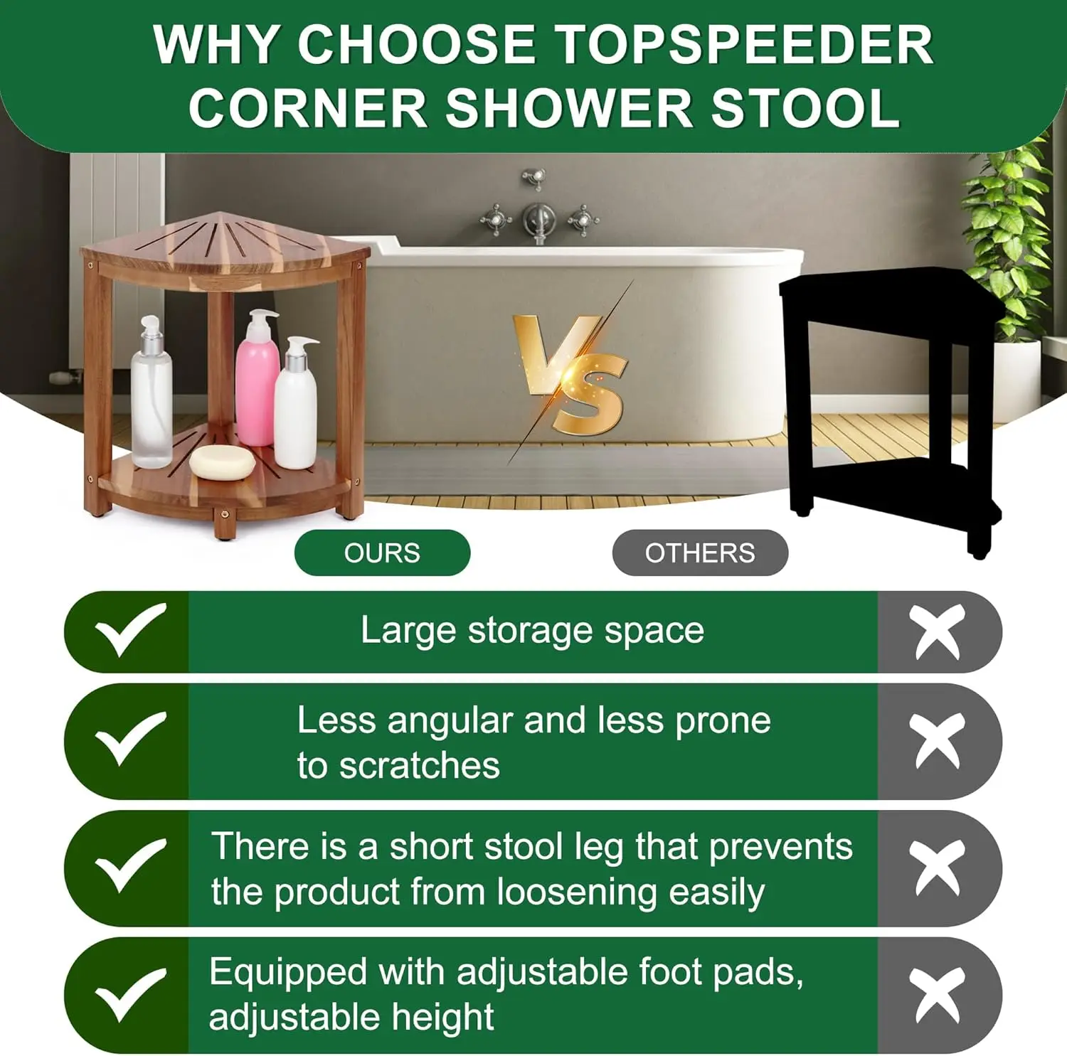 Shower Foot Rest Wood Shower Stool for Shaving Legs Waterproof Corner Shower Stool with Storage Shelf for Inside Shower Spaces