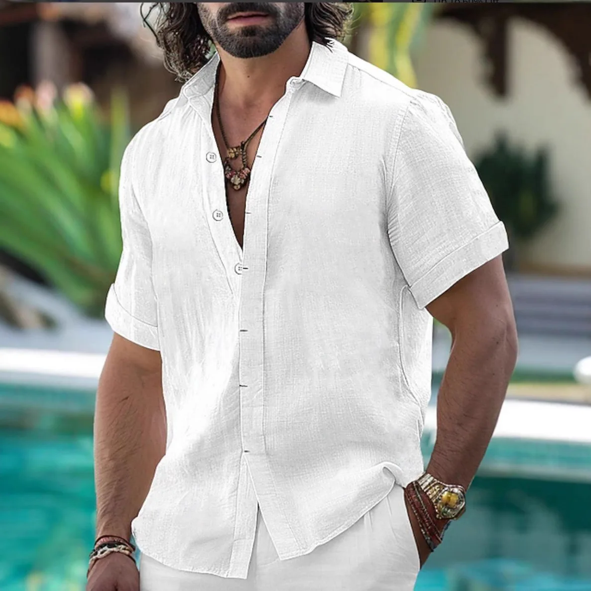 Herren-Vintage-Hemd im Old-Money-Stil, einfarbig, mit Knöpfen, kurzärmelig, für Sommer, Strand, Urlaub, Alltag, lässig, weiße Hemden für Herren