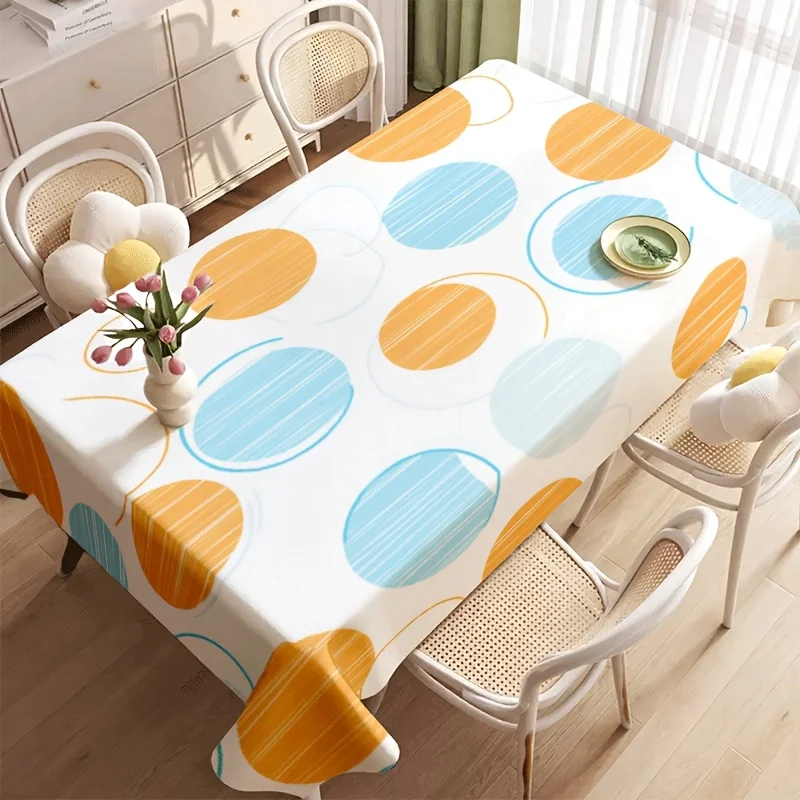 Streaked Color Circle Print Waterproof Washable Rectangular Tablecloth, White Base Table Cover Indoor Dining & Casual Gathering