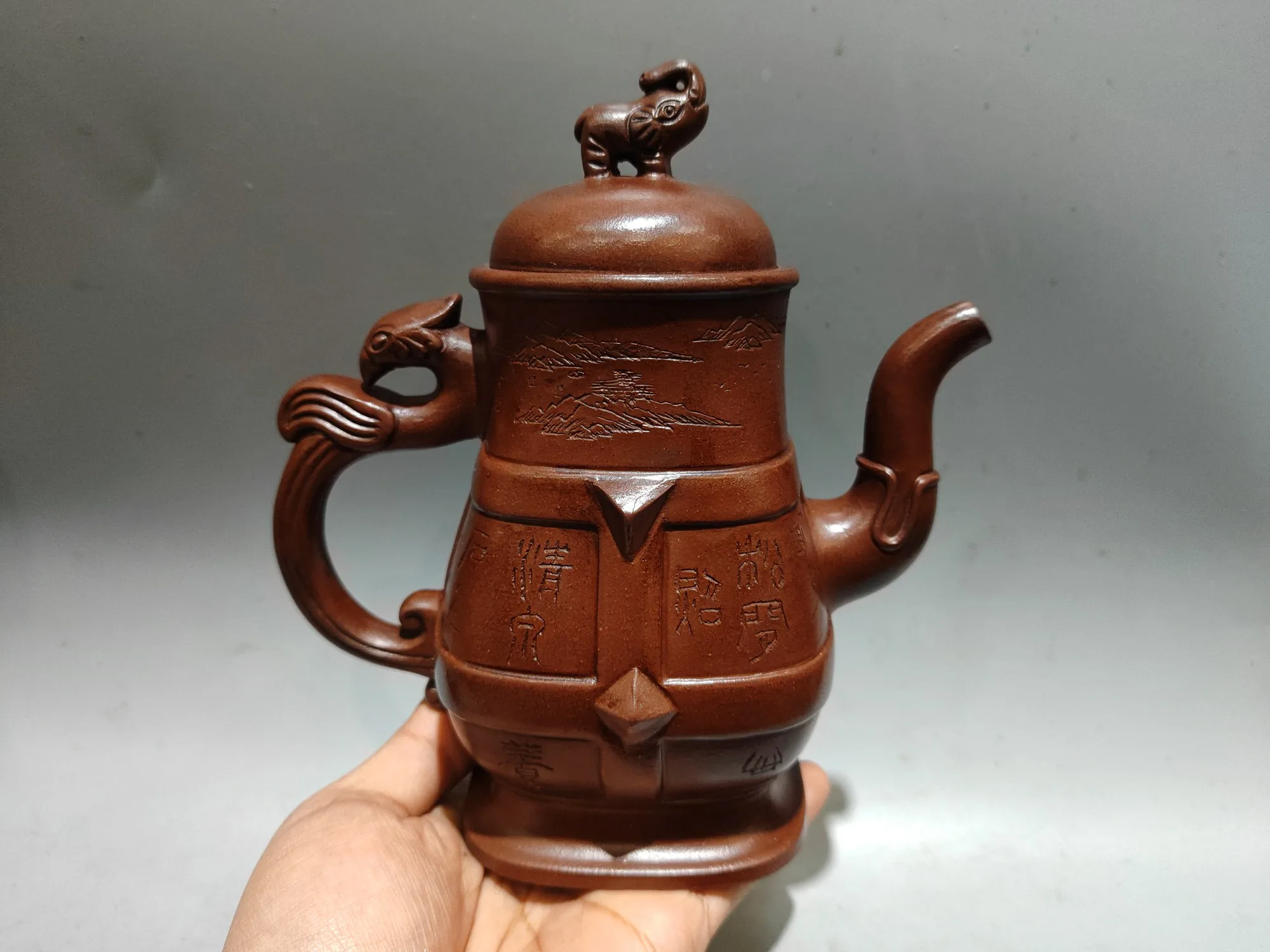Old Chinese Handcraft Enameled  YiXing Zi Sha Clay  (yellow stoneware) Teapot,Elephant inscription,with mark,Free shipping