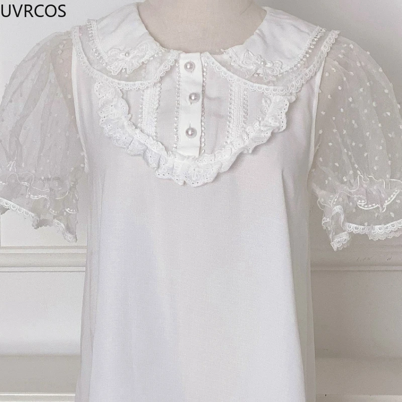 White Summer Sweet Lolita Blouse Women Kawaii Lace Peter Pan Collar Mesh Puff Short Sleeve Shirts Fashion Cute Daily Student Top