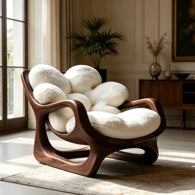 Luxury furniture, fiberglass frame lounge chair, soft cloud cushion, ergonomic curved single armchair