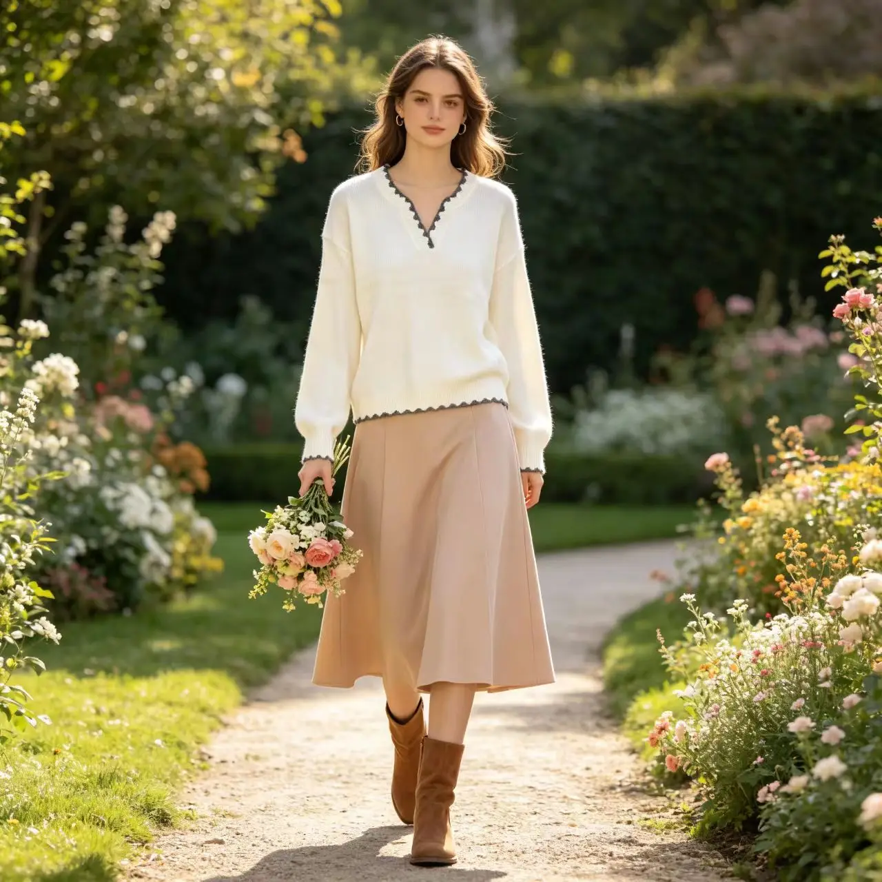 Women V Neck Knit Sweater Long Sleeve Contrast Scalloped Trim Pullover Loose Casual Autumn Winter Soft Knitted Jumper