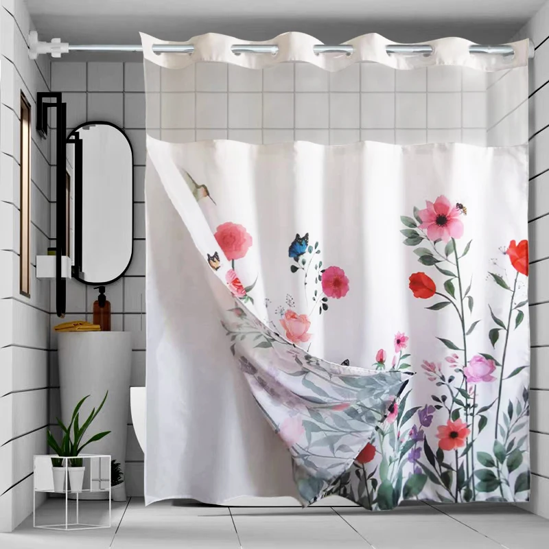 1pc fresh garden wind and flowers double layer with yarn cut large ring shower curtain, polyester waterproof fabric, toilet wate