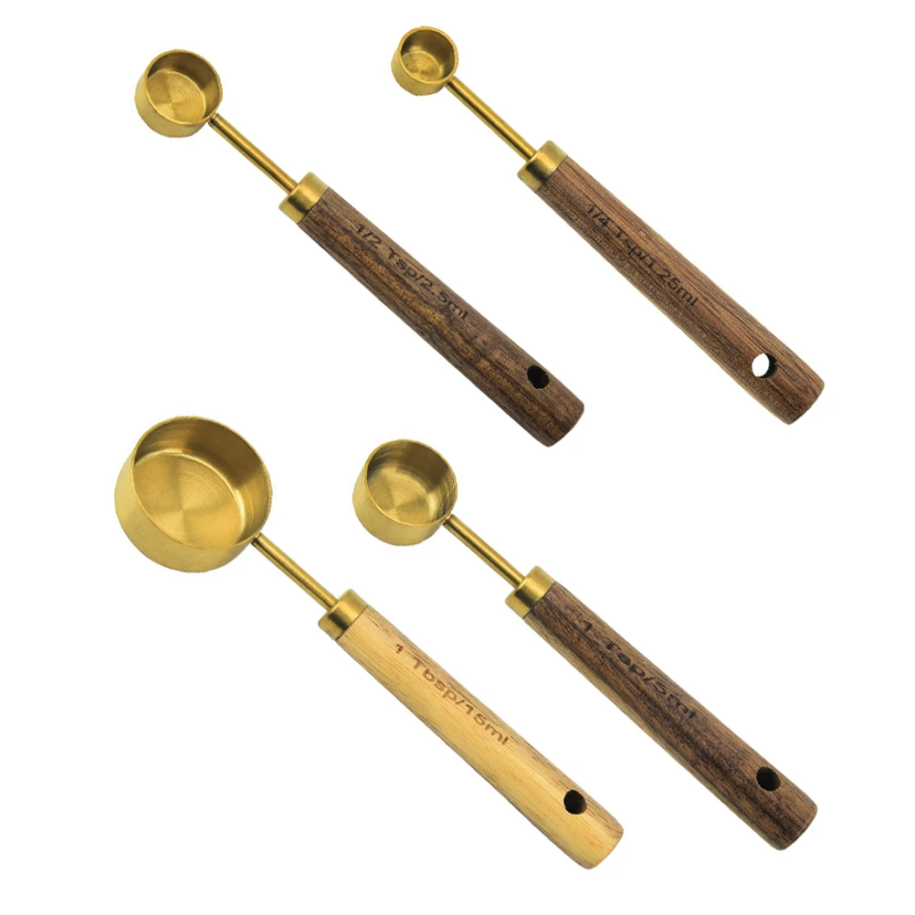 

4Pcs Measuring Cup Set Stainless Steel Wood Kitchen Tool Spoons Spice Scoops Nesting Cups Scale Unit