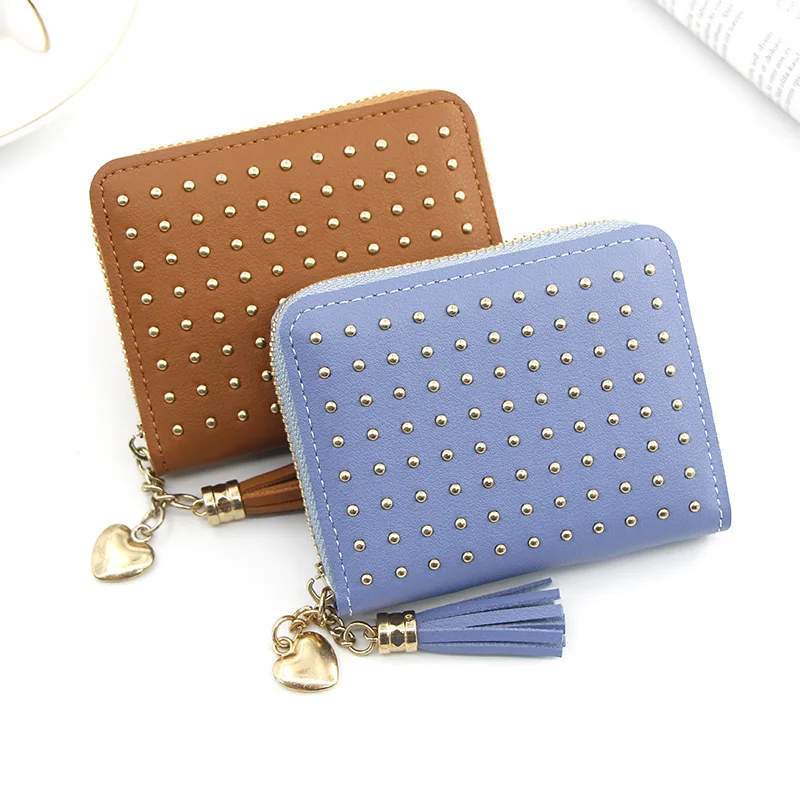 

Women's Short Wallet Small Fashion Rivets PU Leather Purse Ladies Card Holder For Women Clutch Tassel Female Purse Money Clip