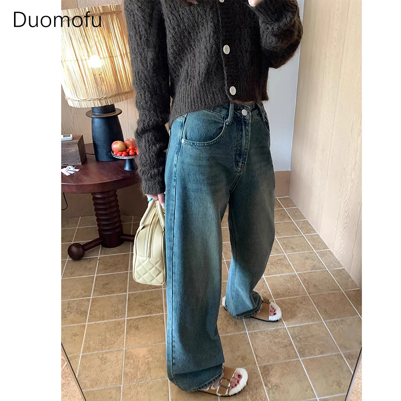 Duomofu-pantalones vaqueros holgados con bolsillo para mujer, Vaqueros clásicos, rectos, informales, delgados, de cintura alta, estilo americano