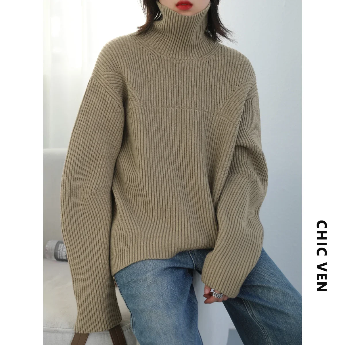 CHIC VEN Women\'s Sweaters High Neck Splicing Warm Knitted Jumpers for Female Pullovers Autumn Winter 2022 Trend Coat