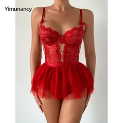 Yimunancy Lace Lingerie Set Women 2-Piece Red Backless Bodysuit Mesh Ball Gown Bow Panty Intimates Valentine Day