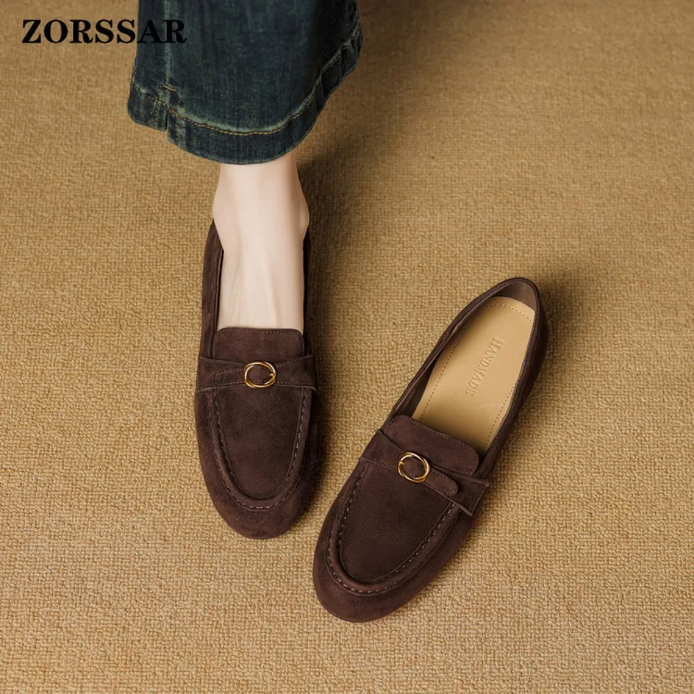 2026 جديد حذاء فردي مسطح غير رسمي العلامة التجارية مصمم امرأة ساحة تو جلد الغزال الشقق خمر شريط ضيق المتسكعون الأحذية الفاخرة