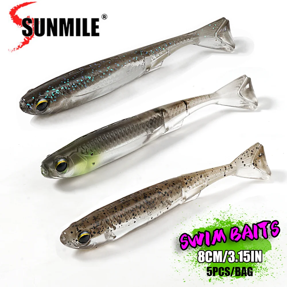 SUNMILE 5pcs3.1g Shad 3 "señuelo de plástico suave Flash pez aparejos de pesca blandos, cebo de natación de PVC para lubina