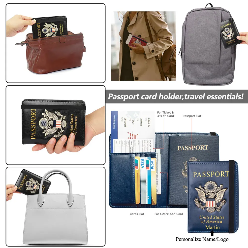 Customized Passport Holder Wallet For Men Women RFID US Passport Cover Case Waterproof Leather Passport Book Protector Card Slot