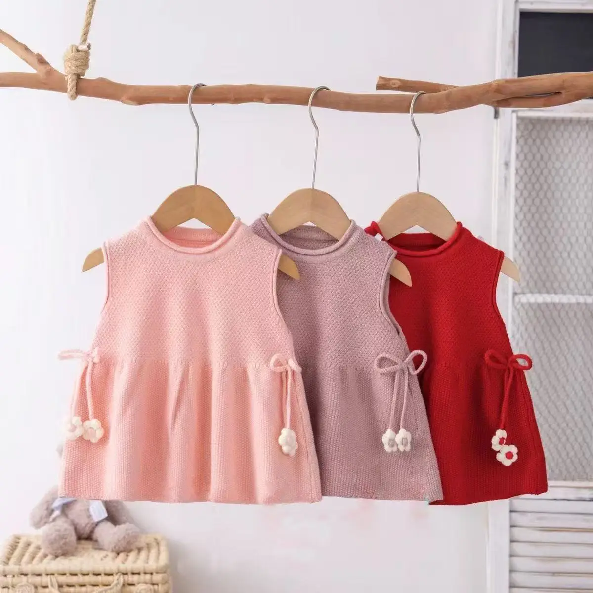 

Children's Knitted Cardigan Dress Spring And Autumn Girls' Korean-Style Fashionable Wool Knit Dress Floral Casual Princess Dress