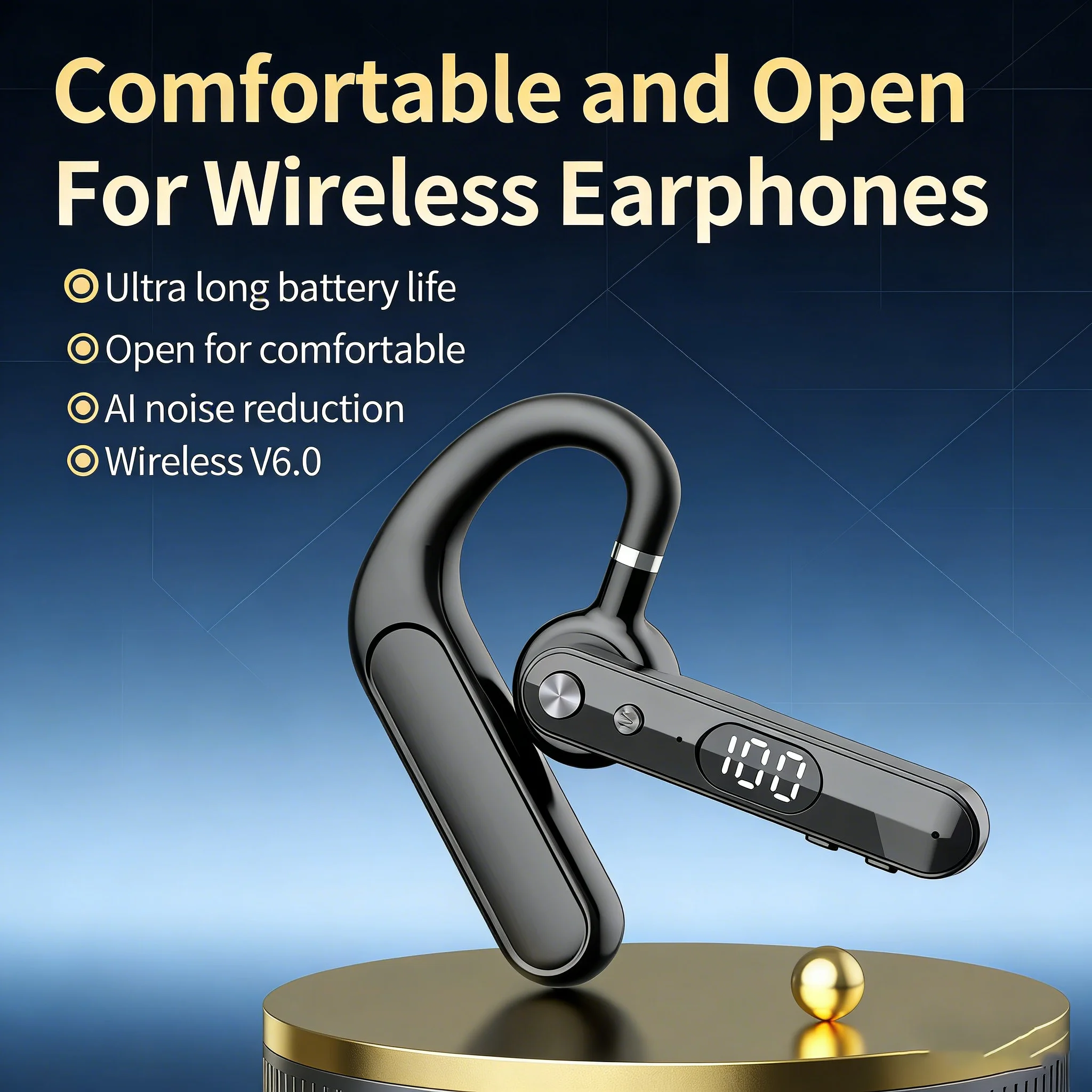 Single Ear Over-Ear Business Headset Bluetooth 6.0 Dual Mic+AI Noise Cancelling LED Battery Display Wireless Earbud For Driving