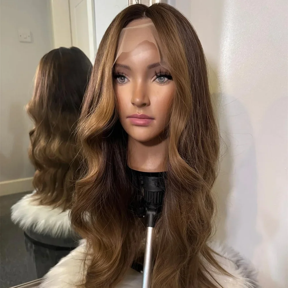 

Ombre Brown 26 ”Long 200%Density 5x5 Silk Base Straight Jewish Human With BabyHair HD Lace European Hair Preplucked Glueless