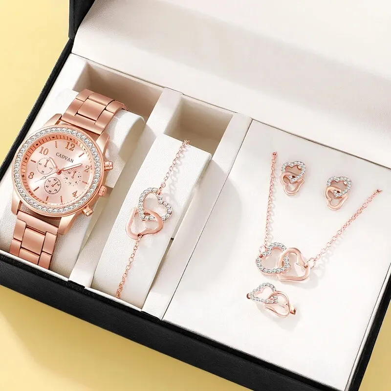 6PCS Set Rose Gold Luxury Watch Mulheres Anel Colar Brinco Rhinestone Moda Relógio de pulso Casual Ladies Pulseira Relógios