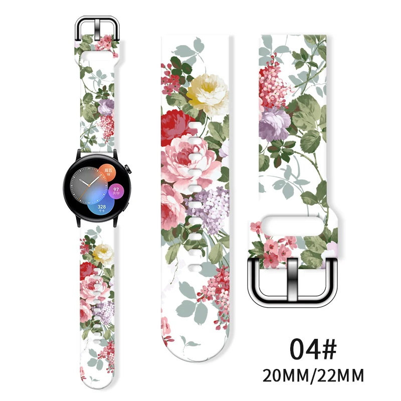 20mm Flower Printed Strap for Samsung Galaxy Watch 6/5 40mm 44mm Sport Band Replaceable Bracelet 22mm for Amazfit Balance 5Pro