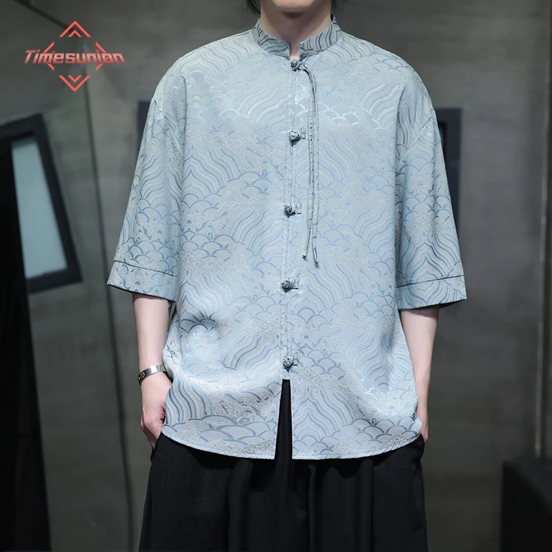 

Spring Summer Lucky Cloud Men's Chinese Shirt Satin Silk Vintage Coat 2024 Hanfu Tops Ethnic Style Clothing Tang Collar Shirt