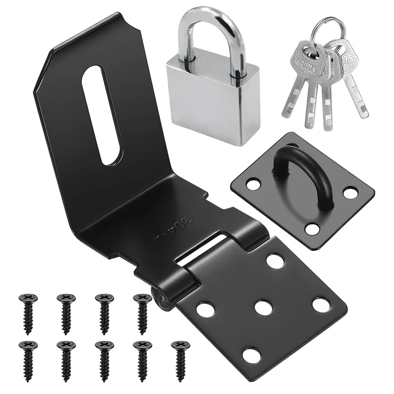 N93R Padlock And Keys Set With 4 Inch 90 Degree Stainless Steel Padlock Hasps, Latch Lock And Door Latches