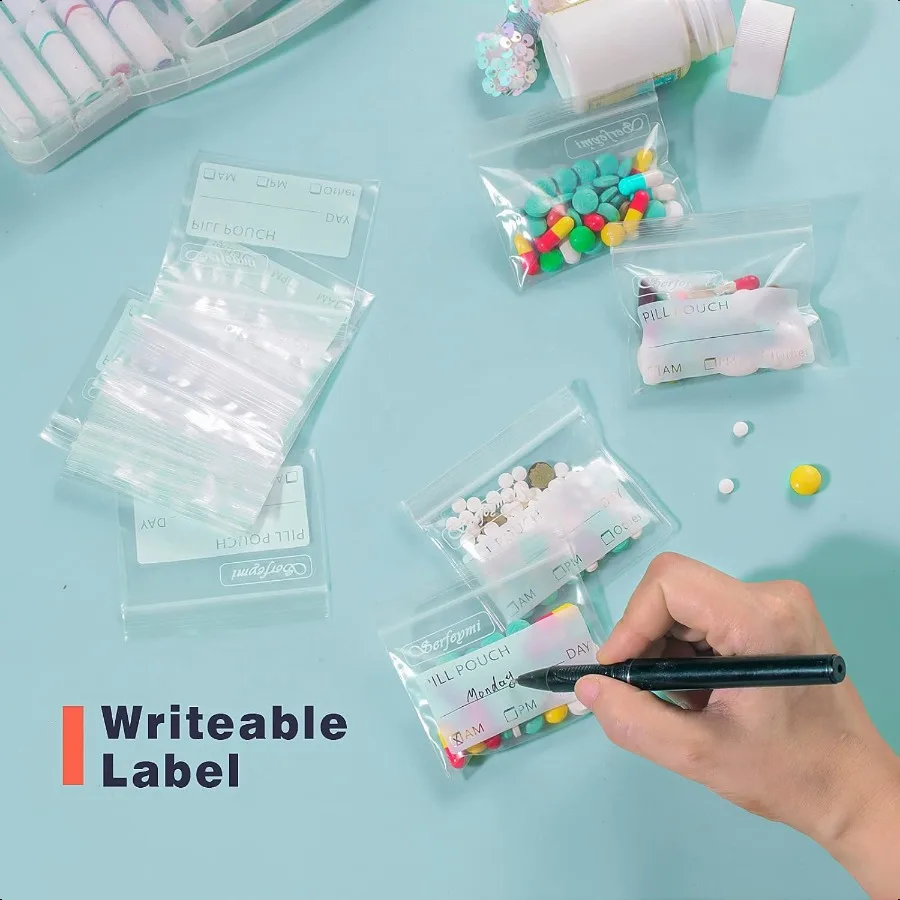 여행용 알약 가방, 알약 파우치 정리함, 120개입, BPA 프리, 3 x 2.75인치, 재사용 가능한 약 파우치, 필기 가능