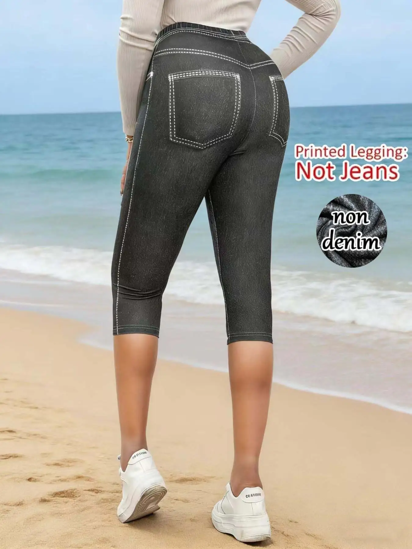 Women's Non-Denim Faux Denim Print 7/8 Length Leggings, Casual Skinny Outdoor Sports Yoga Pants, Soft Skin-Friendly Beach Pants