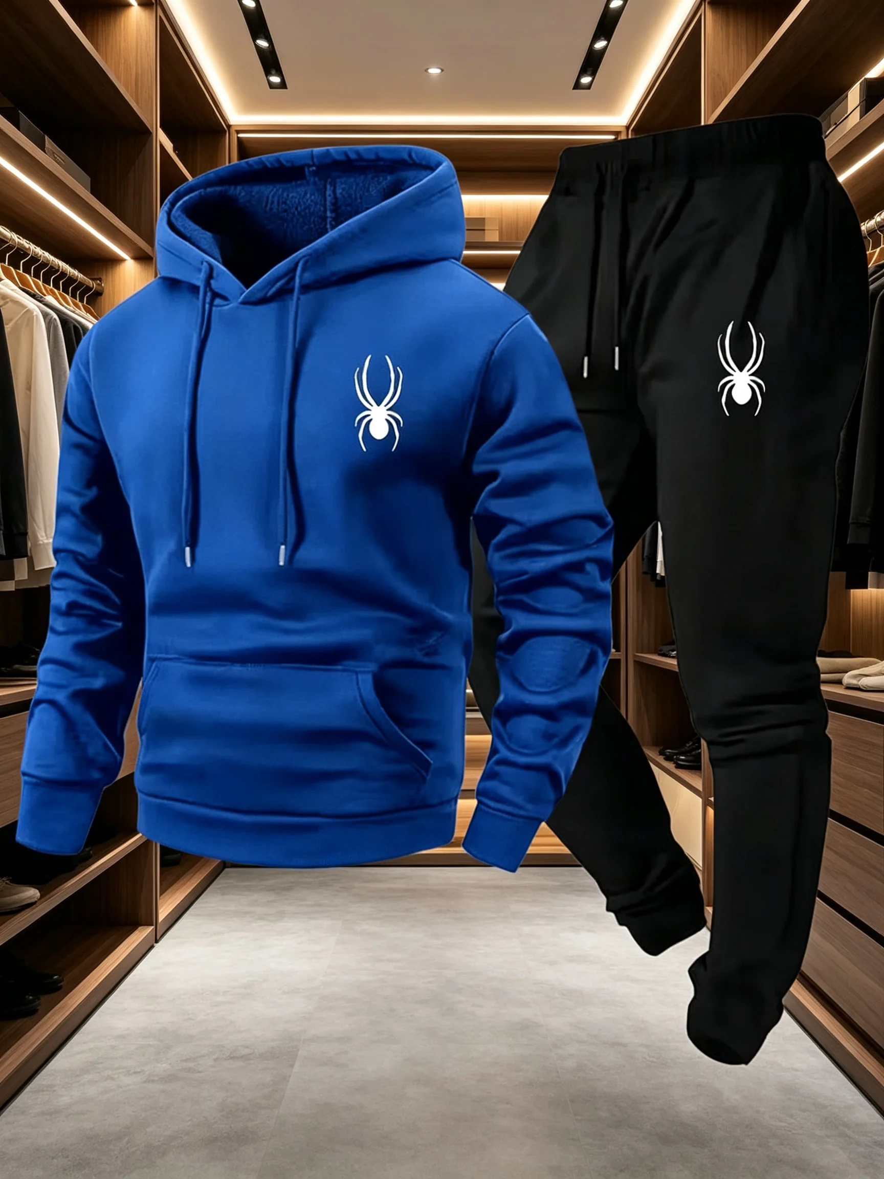 Men Easy Spider Small Print Hoodie Sweatpants 2Pcs Tracksuit Set Casual Sportswear Trendy Streetwear Daily Athletic Outfit gallery 4