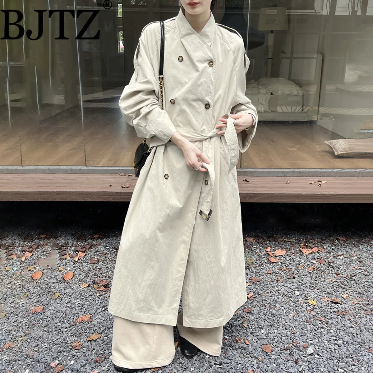 

BJTZ французский ретро индивидуальный свободный плащ женская мода элегантный пояс на талии средней длины ветропад верхняя одежда повседневная шикарная одежда