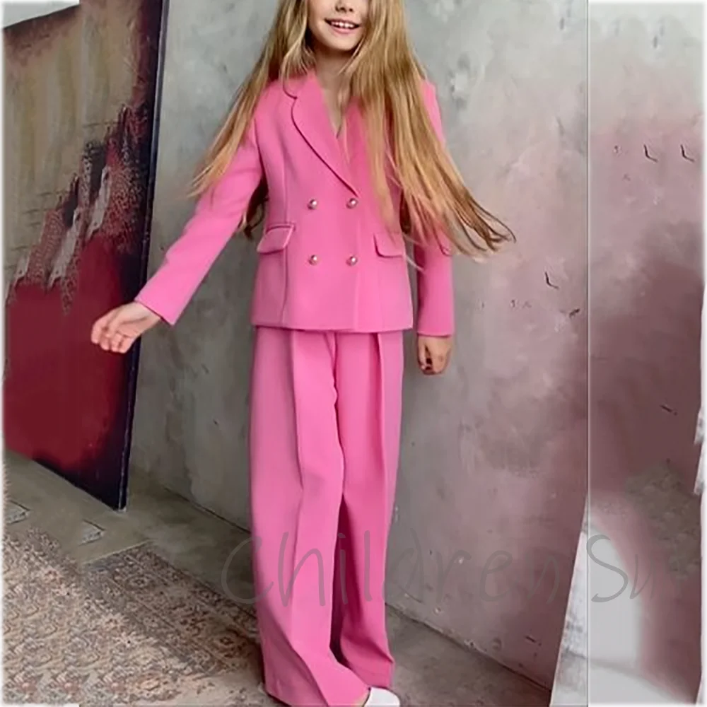 

Stylish Kids Girls Suit Pink Double Breasted Elegant Girl Outfit Notch Lapel Blazer Pants Birthday Party Performance Child Set