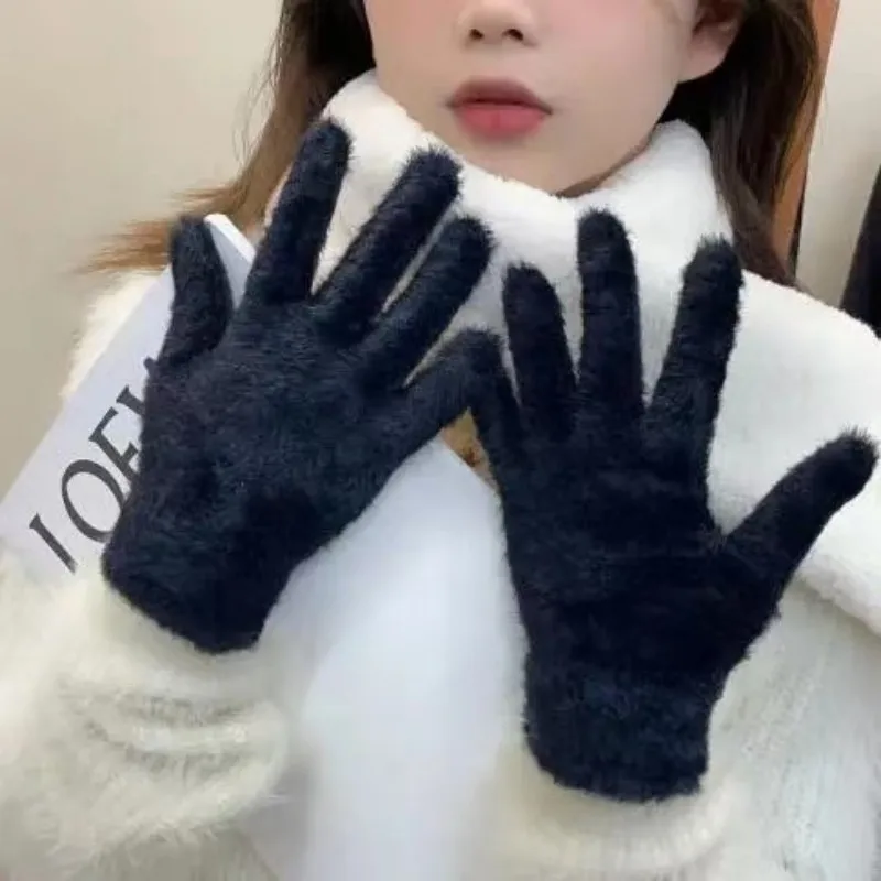 Winter Solid Color Multi-Functional Plush Thick Warm And Fleece Winter Knit Solid Color Gloves