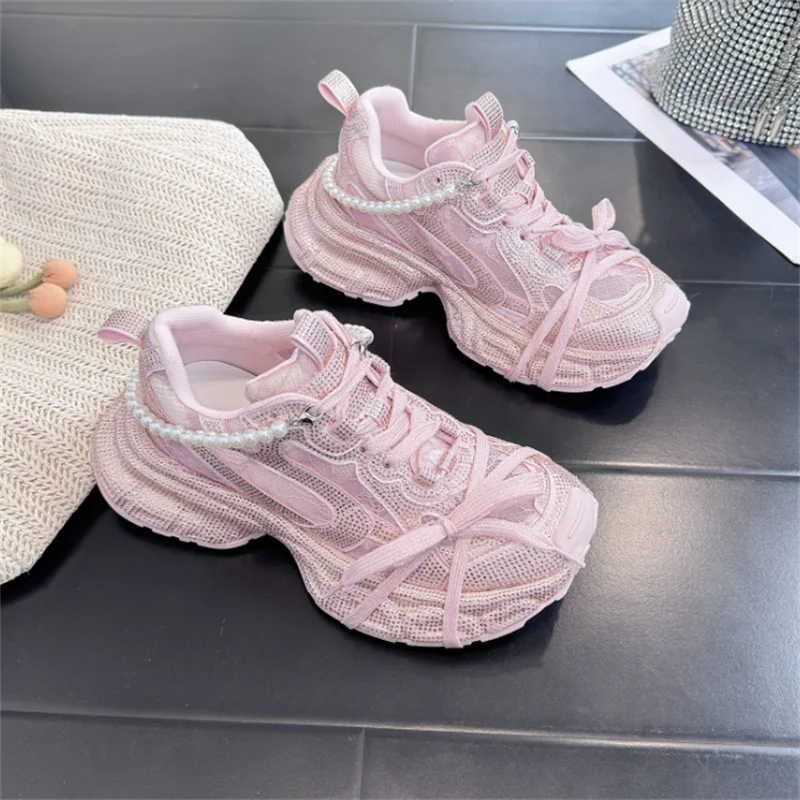 5cm Air Mesh Microfiber Leather Chunky Sneaker Lace-Up Ankle Boots Bling High Brand Comfy Booties Fashion Summer Shoes Women