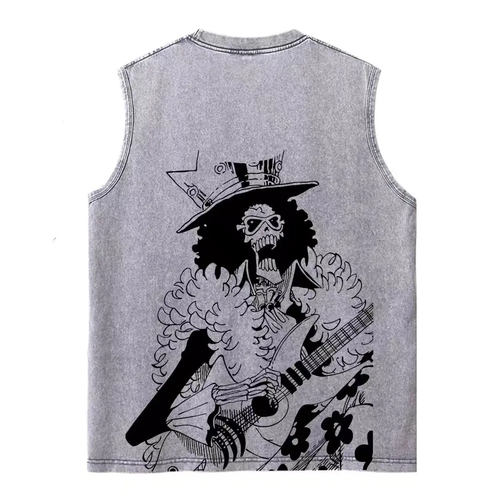 Harajuku Retro Sleeveless T-Shirts Streetwear Vintage Washed Anime One Piece Graphic Print Men Vest Tops Tees Retro Oversize