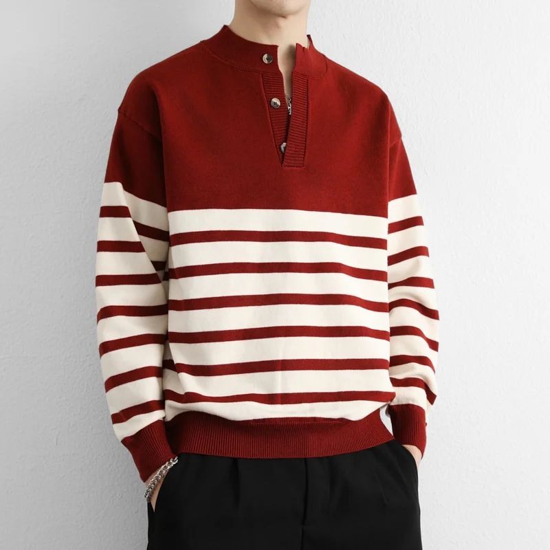 Pullover Button Contrast Striped Versatile Sweater for Men's Casual Fashion Top