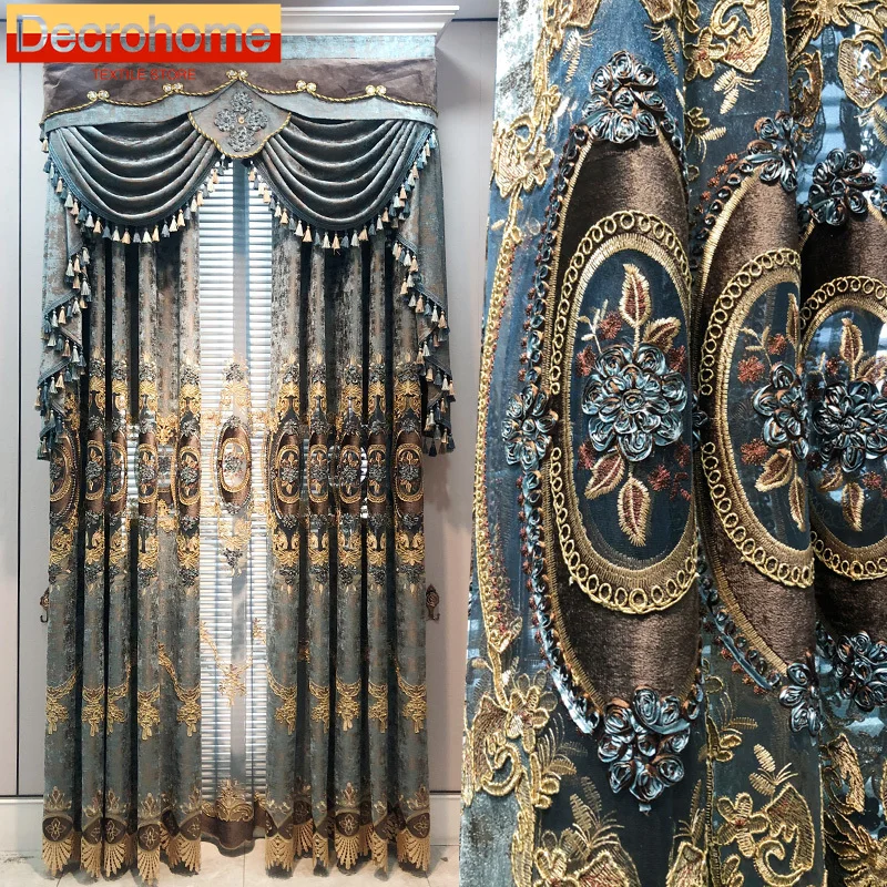 Blue Coffee Embroidered Window Screen Hollowed Out Jacquard Chenille Curtains for Living Room Bedroom Villa French Window