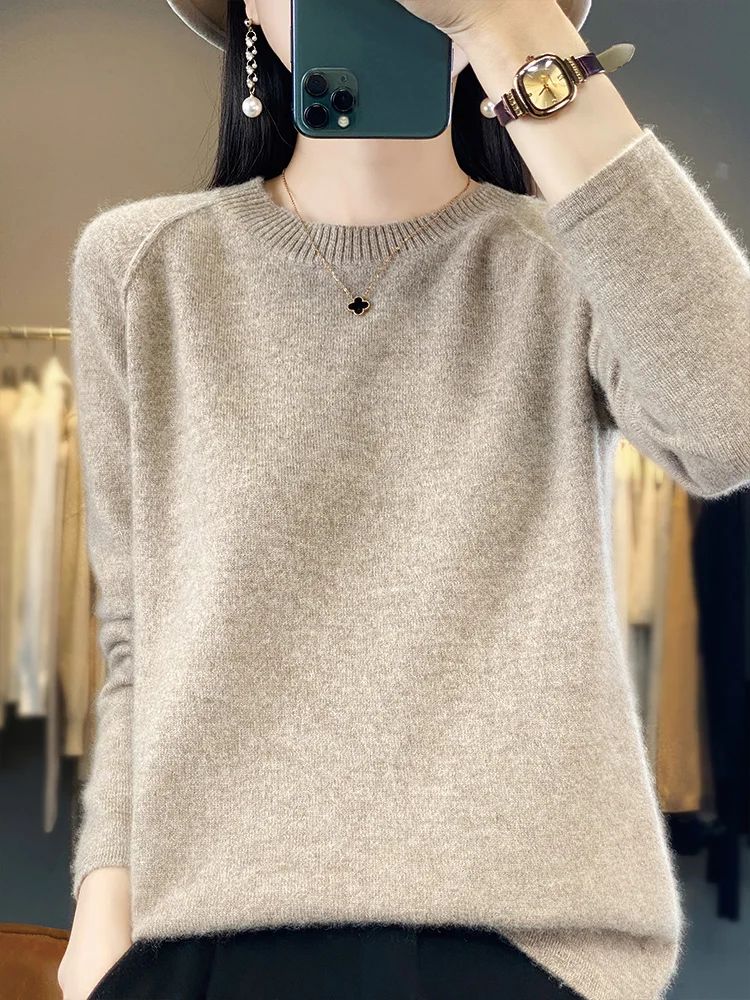 Women O-Neck Pullover 100% Merino Wool Long Sleeve Sweater For Autumn Winter Soft Solid Color Knitwear  Korean Cashmere Tops