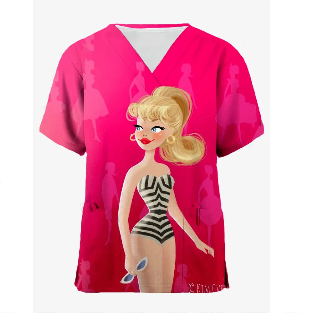 Disney Barbie Princess Print Care Matte T-shirt, Casual top, Short sleeved, V-neck pocket, women's Uniform