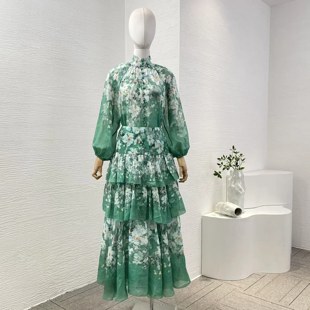 Sexy Silk2024 New High Quality Green White Floral Print Long Sleeve Blouse Tops Skirt Set For Womenparty