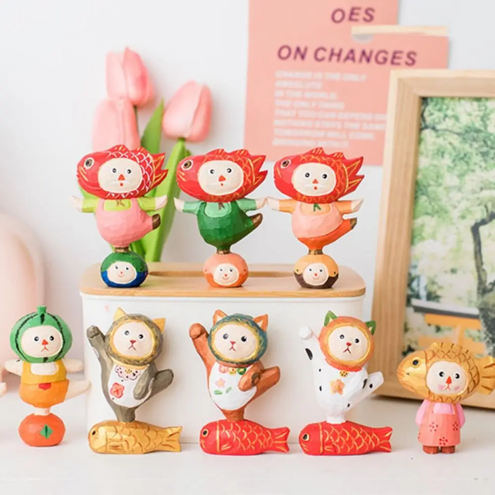 Small Wood Carving Cat Ornament Solid Wood Handmade Painted Cartoon Cat Sculpture Cute Simple Style