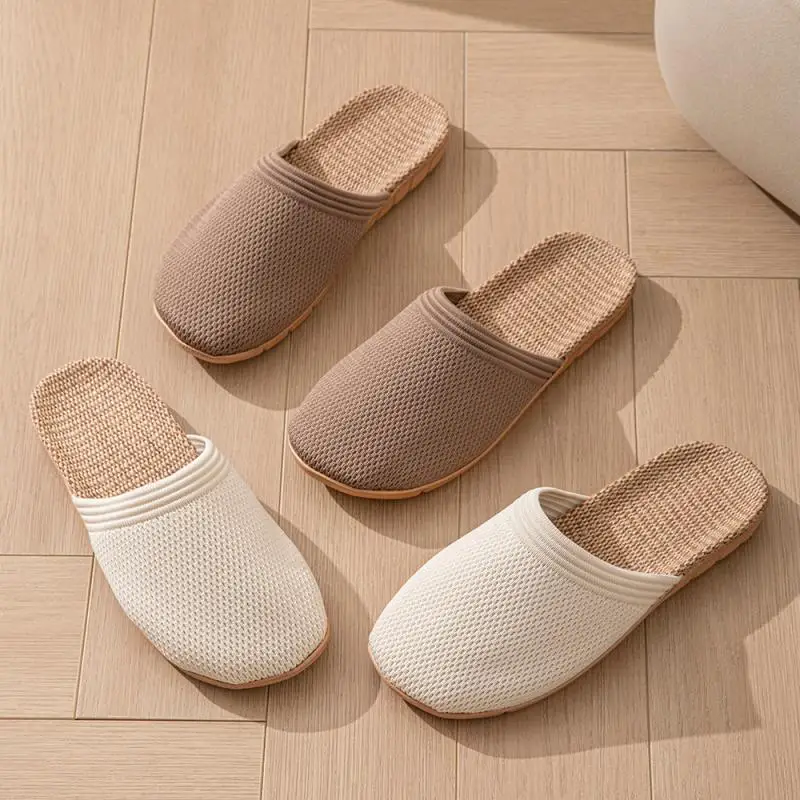 

Mesh Casual Women's Slippers Home Designer Sandals Flat Summer Hemp Closed-Toe Shoes Ladies Elegant Indoor Slides Non-Slip Floor