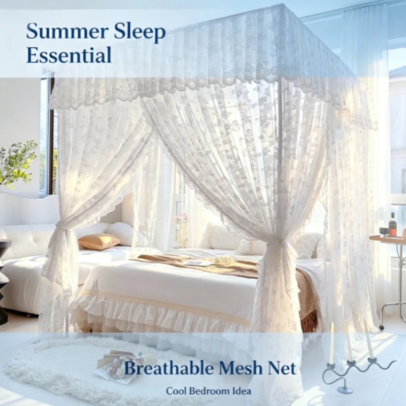 Style Lace Mosquito Net, 3-Door Zipper Design for 1.5m/1.8m Beds, Thickened Steel Frame with Anti-Fall Protection