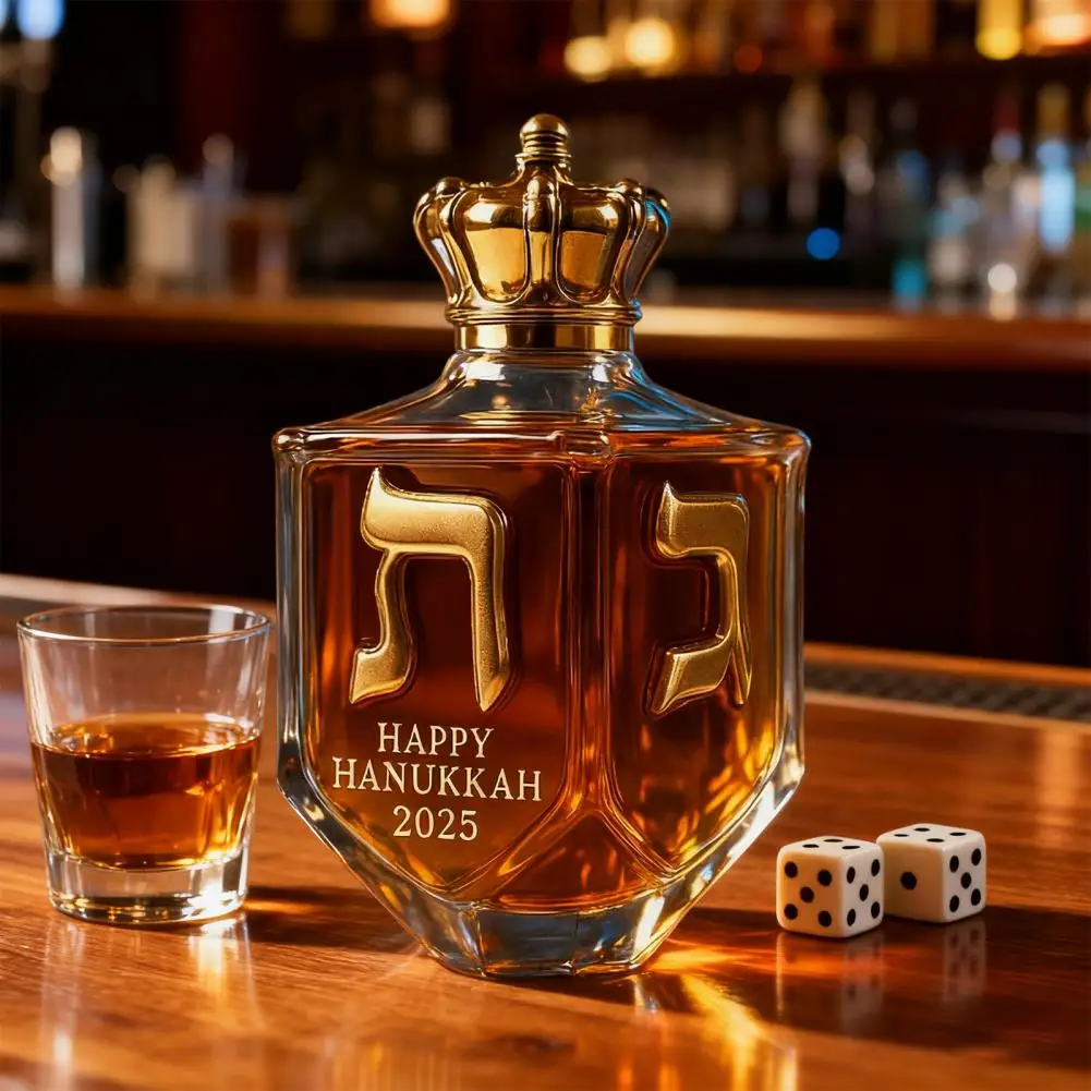 Jewish Holiday Gift Whiskey Bottle for Collectors Hanukkah Whiskey Decanter 300ml Gold Glass Bottle Dreidel Engraved Holiday Bar