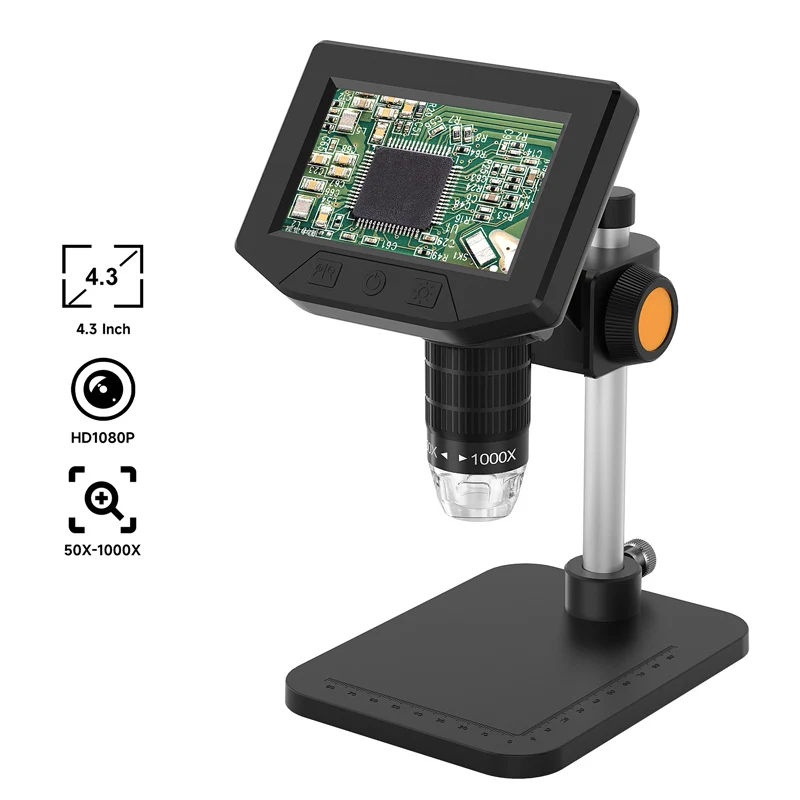 Microscope électronique HD 4,3'' 50-1000X avec caméra et loupe pour soudure, réparation de téléphones, pièces de monnaie, PCB, visualisation de PC