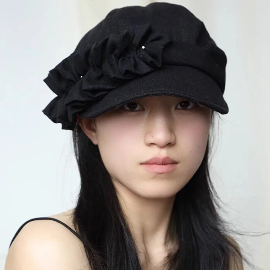 Vintage Crinkled Cotton Linen Newsboy Cap for Women Black Jockey Equestrian Style Baker Boy Hat Niche Lady Sun Protection Cap
