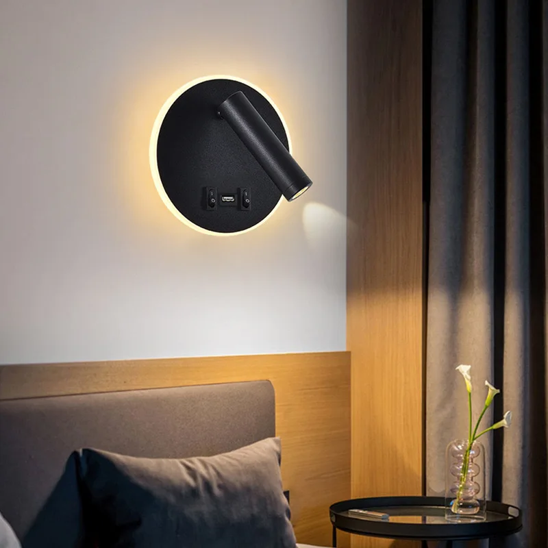 Lámpara de pared de lectura de cabecera, luz LED moderna nórdica con interruptor USB, iluminación interior, decoración de habitación para dormitorio, candelabro de sala de estar
